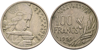 ФРАНЦИЯ 100 ФРАНКОВ 1955 KM 919.1 медно-никель 4589-721