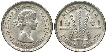 Австралия 3 пенса 1961 m, Елизавета II (1952-2022) KM 57 серебро 71-721