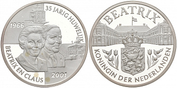 НИДЕРЛАНДЫ МЕДАЛЬ 2001 КОРОЛЕВА БЕАТРИКС, 35 ЛЕТ СВАДЬБЕ БЕАТРИКС И КЛАУСА (1966-2001), ДИАМЕТР 30 ММ. медно-никель PROOF 1087-9-31