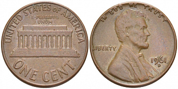 США 1 цент 1961 D, Авраам Линкольн KM 201 медь цинк 3309-222