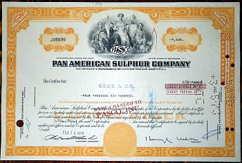 США, Pan American Sulphur Company 4600 акций 1973 бумага 8802-71-1
