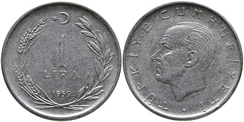 Турция 1 лира 1959 Мустафа Кемаль Ататюрк KM 889а.1 нержавеющая сталь 4541-224