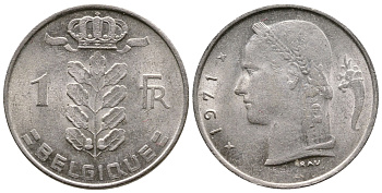 БЕЛЬГИЯ 1 ФРАНК 1971 BELGIQUE KM 142.1 медно-никель 4382-941