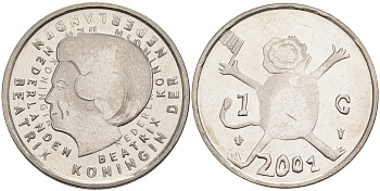 Нидерланды 1 гульден 2001 прощай гульден, детский рисунок, лев с флагом в руках KM 233 никель UNC 106-325