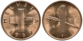 Швейцария 1 раппен 1969 KM 46 бронза UNC M53-16