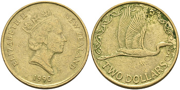 Новая Зеландия 2 доллара 1990 Елизавета II (1952-2022), большая белая цапля KM 79 алюминиевая бронза 53-935