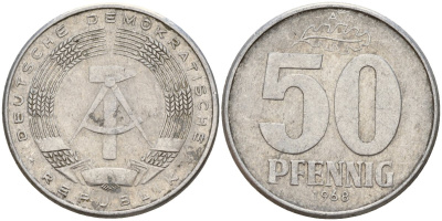 ГДР 50 пфеннигов 1968 A KM 12.2 алюминий 113-427