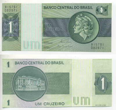 Бразилия 1 крузейро ND (1980) серия В 15ххх, подпись 20, голова свободы, здание Центрального банка Pick 191Ac бумага UNC (пресс) 7548-20-3