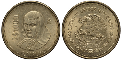 Мексика 1000 песо 1988 Мо, Хуана де Асбахе KM 536 алюминиевая бронза 118-831