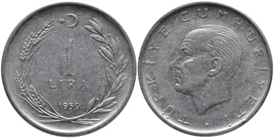 Турция 1 лира 1959 Мустафа Кемаль Ататюрк KM 889а.1 нержавеющая сталь 4541-224