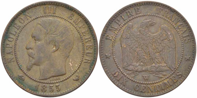 ФРАНЦИЯ 10 САНТИМОВ 1855 W, НАПОЛЕОН III (1852-1870) KM 771.7, LE FRANC 133.31 бронза 38-1025