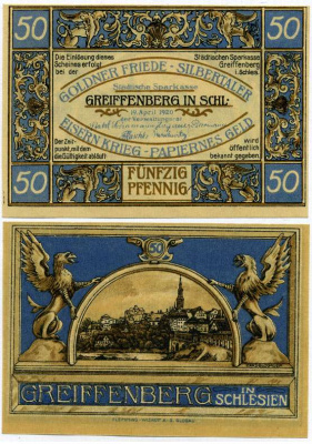 Германия, Грайфенберг (Грыфув) 50 пфеннигов 1920 19 апреля 1920, нотгельд, Польша Grabowski 470.1  бумага  UNC (пресс) 7221-10-1-1