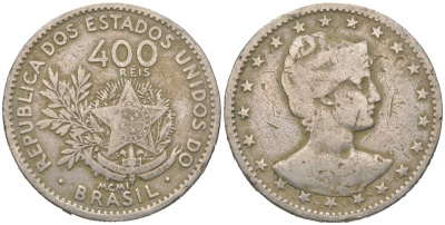 Бразилия 400 реалов 1901 MCMI, голова свободы вправо KM 505 медно-никель 4612-525