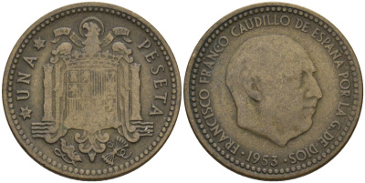 Испания 1 песета 1953 (54) Франсиско Франко (1939-1975) KM 775 алюминиевая бронза 3336-154