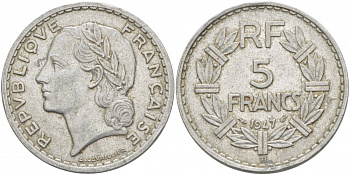 ФРАНЦИЯ 5 ФРАНКОВ 1947 В, OPEN 9 KM 886а.2 алюминий 4403-1131