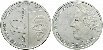 Нидерланды 10 гульденов 1995 300 лет со дня смерти Хьюго Грута, королева Беатрикс KM 220 серебро UNC 413-3944