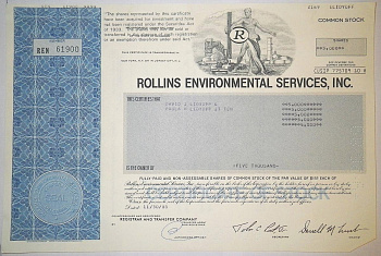 США, ROLLINS ENVIRONMENTAL SERVICES, INC. 5000 акций 1988 бумага 8805-58-1