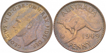 АВСТРАЛИЯ 1 ПЕННИ 1949 ГЕОРГ VI KM 43 бронза 4403-933
