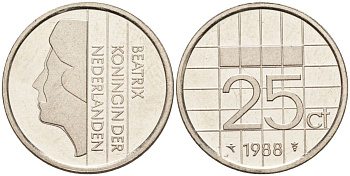 Нидерланды 25 центов 1988 Беатрикс (1980-2013) KM 204 никель UNC 4588-911