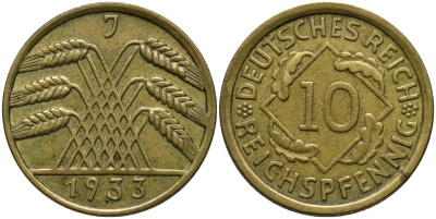 Германия 10 рейхспфеннигов 1935 J KM 40 алюминиевая бронза 4171-355