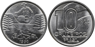 Бразилия 10 крузейро 1990 золотодобыча KM 619.1 нержавеющая сталь 4579-745