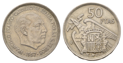 Испания 50 песет 1957 (58) Франсиско Франко (1939-1975) KM 788 медно-никель 4672-441