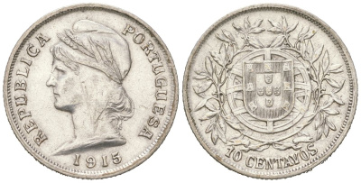 Португалия 10 сентаво 1915 INCM KM 563 серебро 4611-243