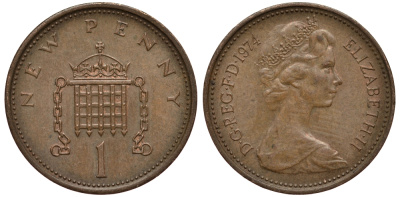Великобритания 1 пенни 1974 Елизавета II (1952-2022) KM 915, Spink 4237 (B1) бронза 4182-125