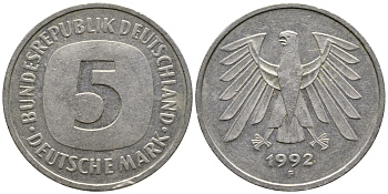 ФРГ 5 МАРОК 1992 F, KM 140.1 медно-никель плакированный никелем 47-1233