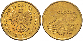ПОЛЬША 5 ГРОШЕЙ 1991 MW KM 278 латунь UNC 4549-117