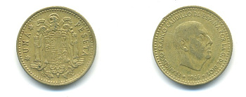 ИСПАНИЯ 1 ПЕСЕТА 1966 (71) ФРАНСИСКО ФРАНКО ДИКТАТОР ИСПАНИИ (1939-1975) КМ 796 алюминиевая бронза 80-1114