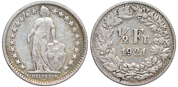 Швейцария 1/2 франка 1921 KM 23 серебро 4178-112