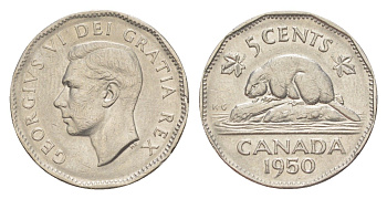 Канада 5 центов 1950 бобр, Георг VI (1937-1952) KM 42 никель 4639-429