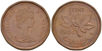 КАНАДА 1 ЦЕНТ 1984 КЛЕНОВЫЙ ЛИСТ, ЕЛИЗАВЕТА II KM 132 бронза 57-1125