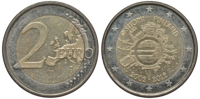 Финляндия 2 евро 2012 10 лет монетарной политике и наличному евро KM 178 биметалл 4384-355