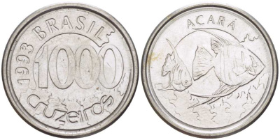 Бразилия 1000 крузейро 1993 реформа 1990-1993, рыбка Акара KM 626 нержавеющая сталь 26-818