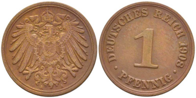 ГЕРМАНИЯ 1 ПФЕННИГ 1908 A KM 10, J. 10, Weege 2 медь 211-364