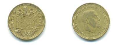 ИСПАНИЯ 1 ПЕСЕТА 1966 (71) ФРАНСИСКО ФРАНКО ДИКТАТОР ИСПАНИИ (1939-1975) КМ 796 алюминиевая бронза 80-1114