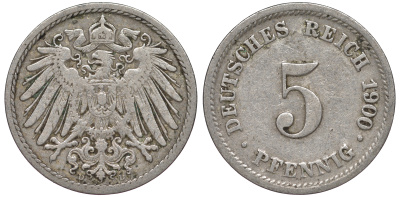 ГЕРМАНИЯ 5 ПФЕННИГОВ 1900 D, KM 11, J. 12 медно-никель 45-1119