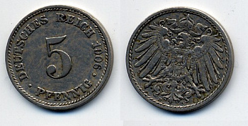 ГЕРМАНИЯ 5 ПФЕННИГОВ 1906 A, KM 11, J. 12 медно-никель 76-232