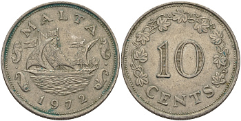Мальта 10 центов 1972 баржа Великого магистра KM 11 медно-никель 82-434