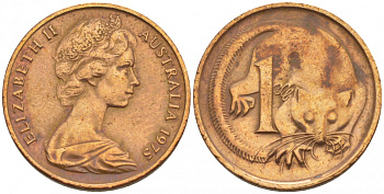 АВСТРАЛИЯ 1 ЦЕНТ 1975 ЕЛИЗАВЕТА II, МОЛОДОЙ ПОРТРЕТ, ОПОССУМ КМ 62 бронза 4547-968