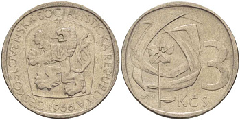 ЧЕХОСЛОВАКИЯ 3 КРОНЫ 1966 СОЦИАЛИСТИЧЕСКАЯ РЕСПУБЛИКА KM 57 медно-никель 110-436