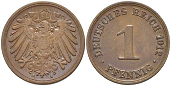 ГЕРМАНИЯ 1 ПФЕННИГ 1912 A KM 10, J. 10, Weege 2 медь 211-458