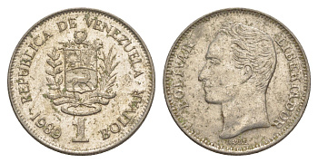 Венесуэла 1 боливар 1989 Симон Боливар, толстый шрифт Y 52a.2 сталь плакированная никелем 4589-251