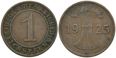 Германия 1 рейхспфенниг 1925 A KM 37, J. 313 бронза 4189-1069