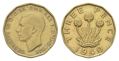 Великобритания 3 пенса 1940 Георг VI (1936-1952) KM 849, Spink 4112 никель латунь 4121-451