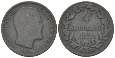 Дания 4 скиллинга 1854 FF, Фредерик VII (1848-1863) KM 758 билон 4615-834