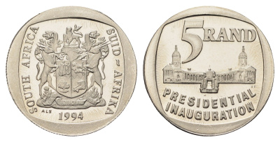 ЮАР 5 рандов 1994 Инаугурация президента KM 150 сталь плакированная медью PROOF 1528-641