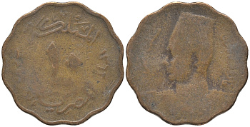 ЕГИПЕТ 10 МИЛЛИМОВ 1943 FAROUK (1355-1372) (1936-1952) KM 361 бронза 28-1234